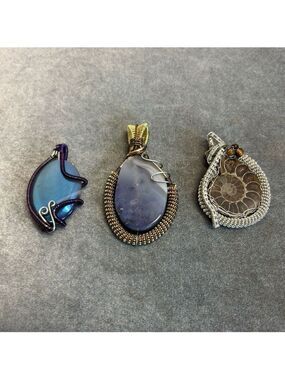 handmade wire-wrapped gemstone pendants blue agate purple agate ammonite fossil